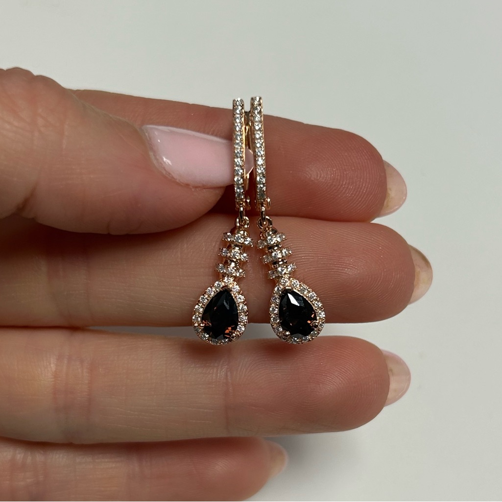 Suzy Levian Sample Rose Sterling Silver Brown White Cz Dangle Earrings Nwt
